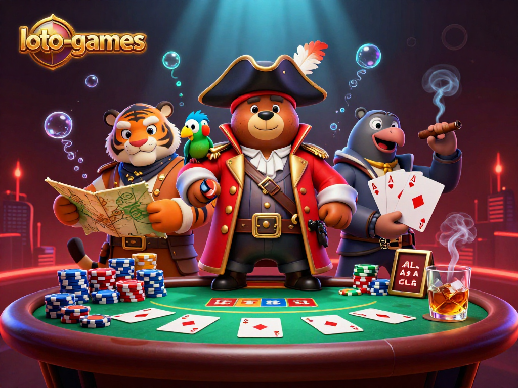 Experience thrilling action with loto-games featuring a pirate bear, tiger, and poker elements.