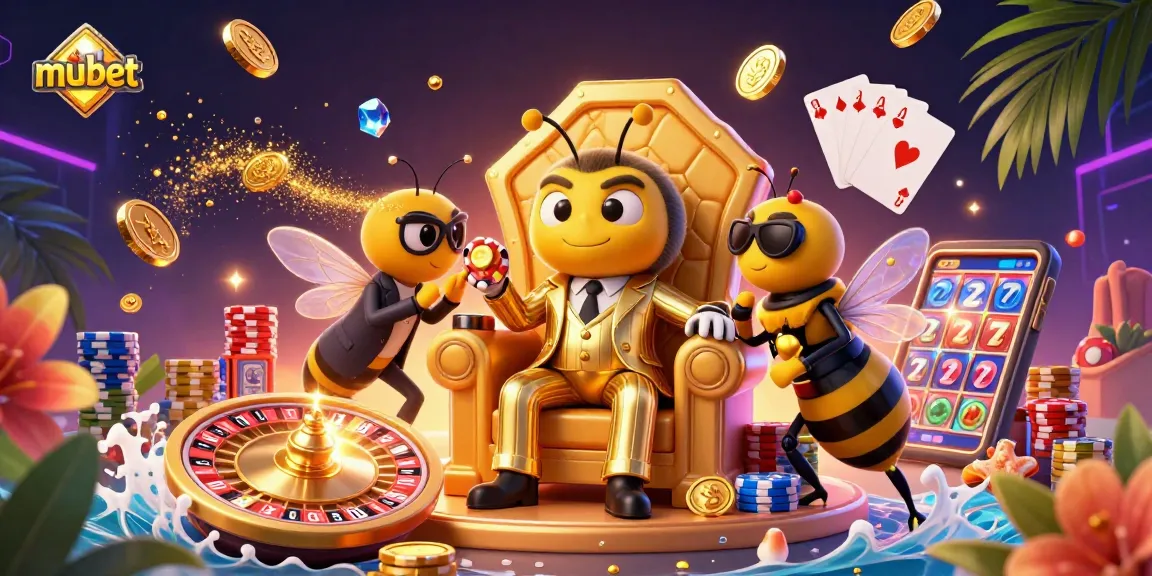 Engage with mubet's vibrant 3D casino scene featuring a bumblebee mob boss and sparkling winnings.