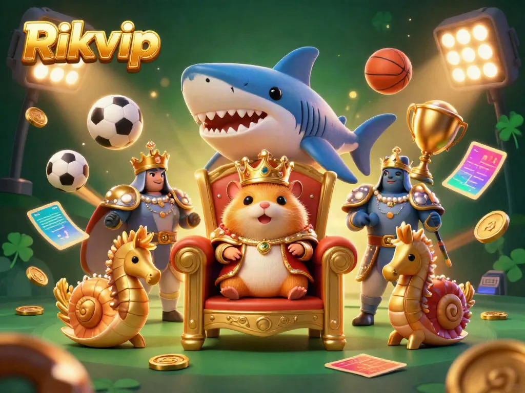 This vibrant scene captures Rikvip with a golden hamster king on a throne, flanked by pearl-armored seahorses, amidst dynamic casino elements.