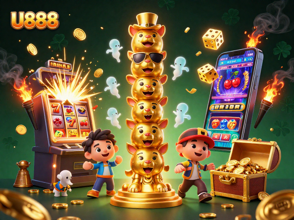 Engage with U888’s vibrant slot scene featuring a mystical golden totem pole with casino accessories.
