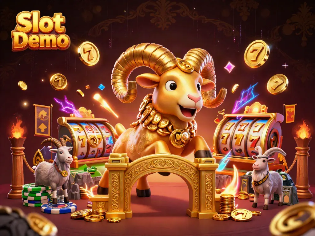 Experience the excitement of Slot Demo with a stunning 3D representation of a golden ram charging through a vibrant casino-themed scene.