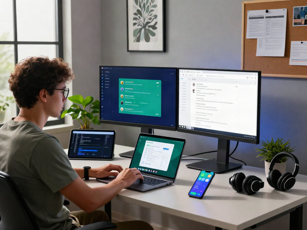 Professional engaging with gbwhatsapp on laptop in a modern workspace.