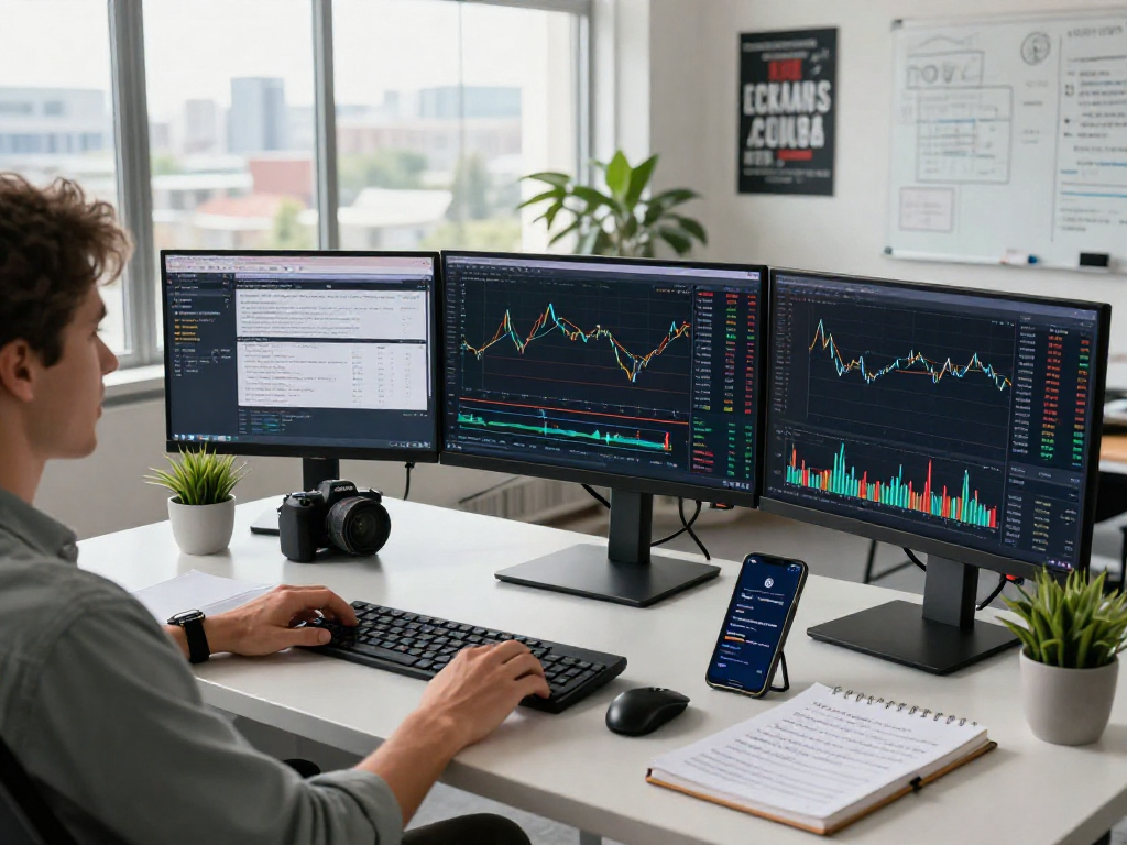 Persona analizando gráficos de criptomonedas en el Immediate Edge en un entorno de oficina moderno.