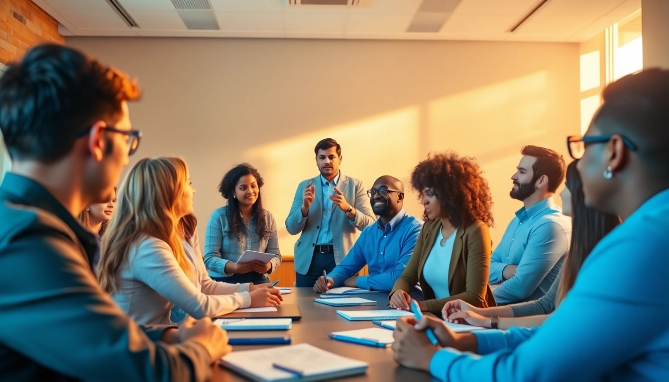 Engaging public speaking training showcasing participants actively learning in a collaborative environment.