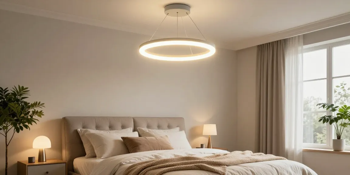 Lustra dormitor modernă iluminând o cameră primitoare, cu pat elegant și plante decorative.