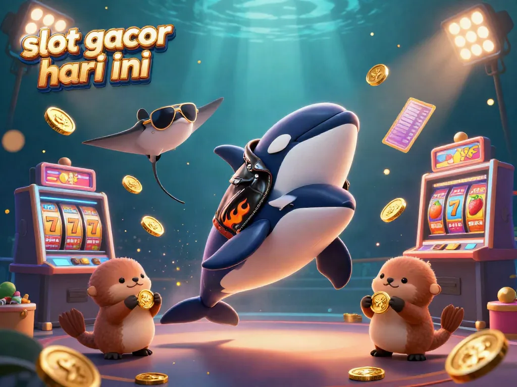 Slot gacor hari ini menampilkan orca, stingray, dan berang-berang dengan koin emas dalam ilustrasi 3D yang penuh warna.