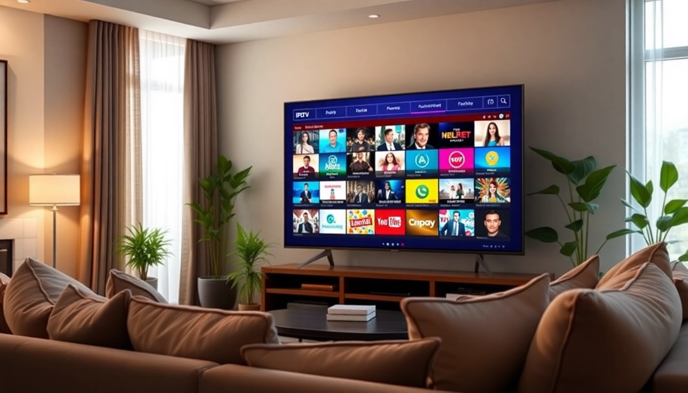 Experience the FREE IPTV Trial with vibrant live channels displayed in a modern living room.