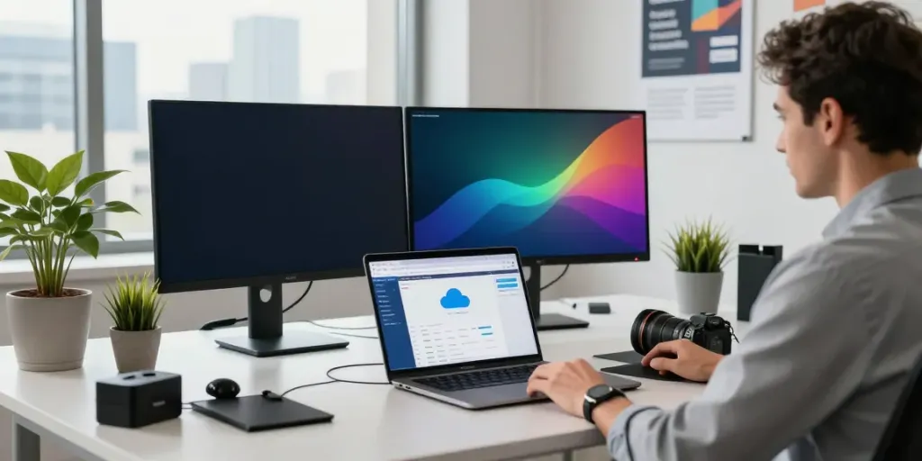 Michael Rustom consulting at a technology workspace with dual monitors and city view.
