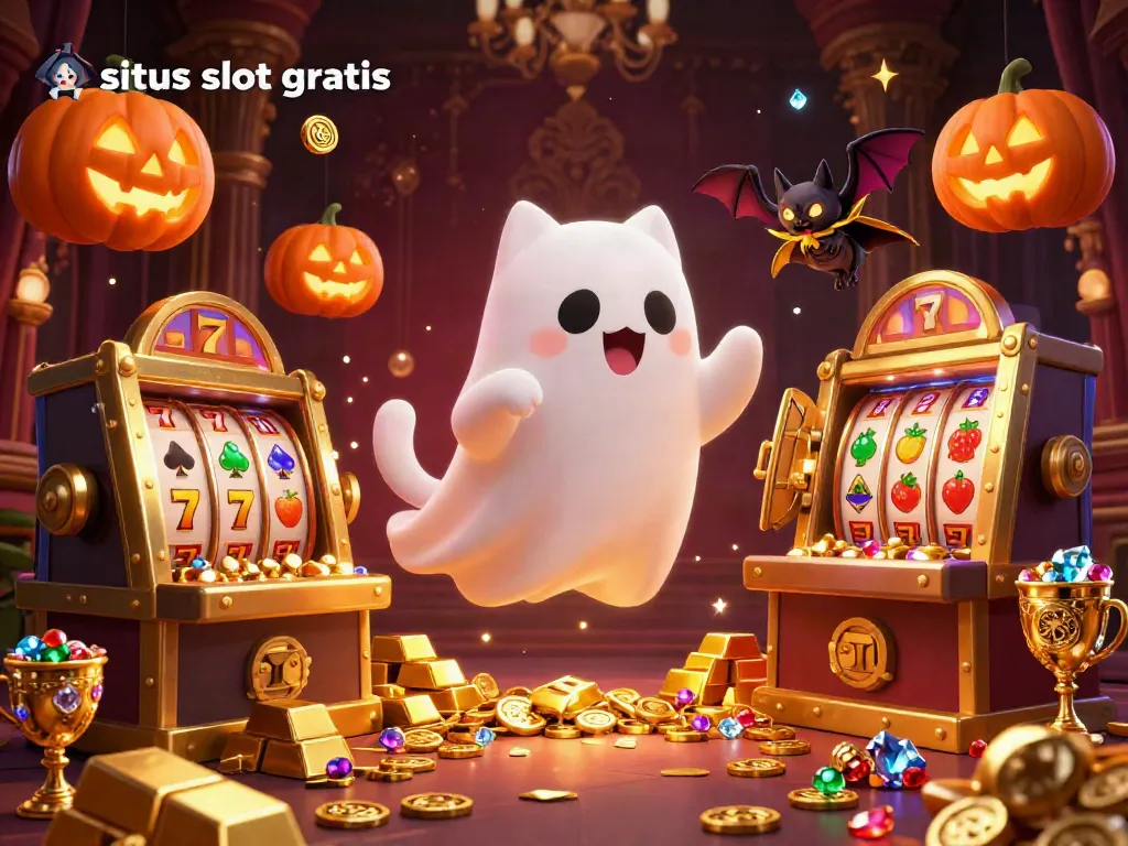 Play situs slot gratis with a friendly ghost cat and vampire bat in a haunted casino.