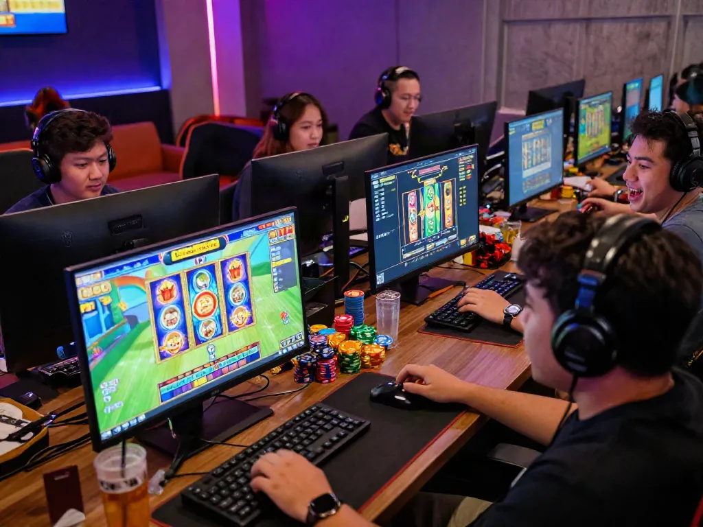 Players enjoying slot gacor games with vibrant graphics and tokens in a dynamic gaming lounge.