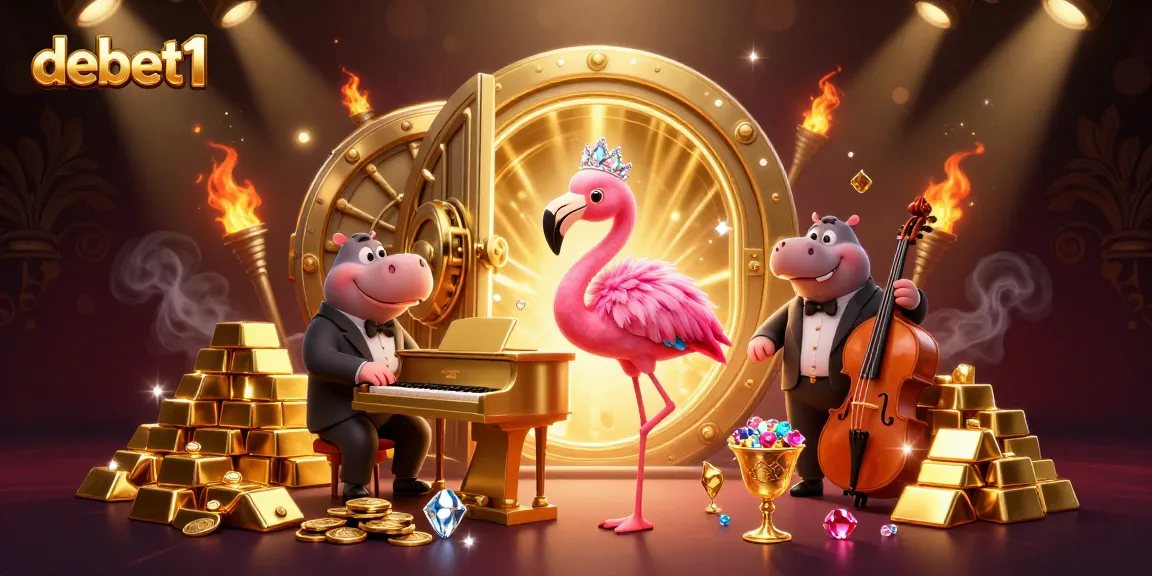 Join the vibrant scene at debet1 with a flamboyant flamingo singer and a hippo bassist, surrounded by riches!