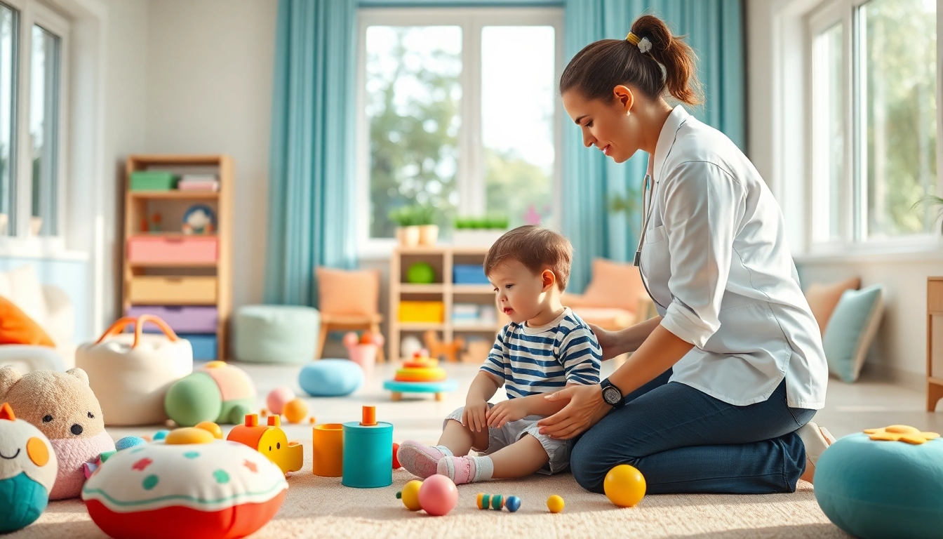Engaging Autism Therapy session with a professional and a child in a bright therapy room.