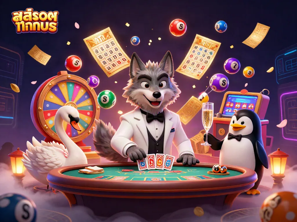Experience สล็อตทดลอง excitement with vibrant characters, colorful lottery balls, and dynamic game elements.