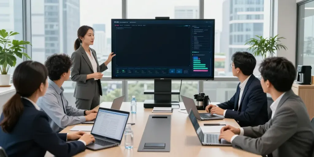 Team collaborating during deepfake-protected meetings in a modern office