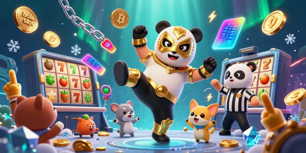 Engage in exciting bola slot action with a wrestler panda and animal crowd in a vibrant casino scene.