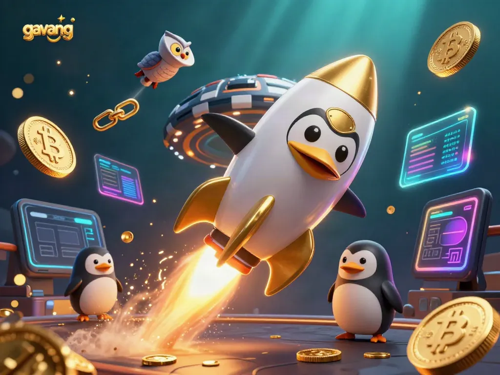 Experience the thrill of gavang with a golden penguin in a vibrant casino-themed space scene.