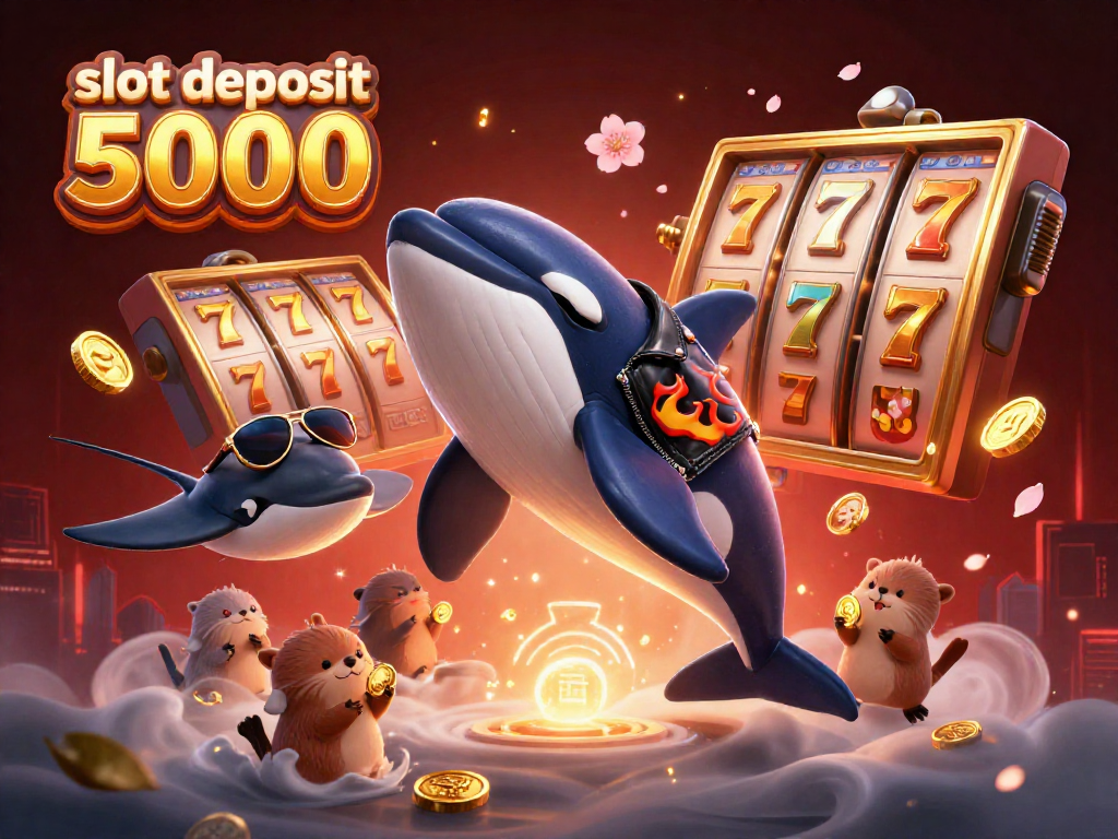 Engaging scene with orca and stingray alongside sea otters holding coins in a vibrant casino setting, featuring slot deposit 5000.