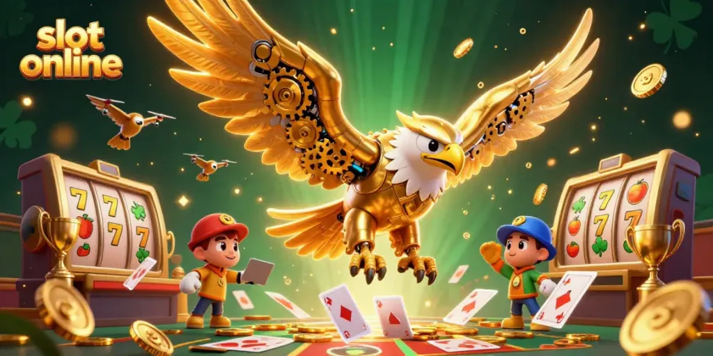 Experience dynamic slot online action with a 3D golden eagle diving through holographic cards, celebrating wins.