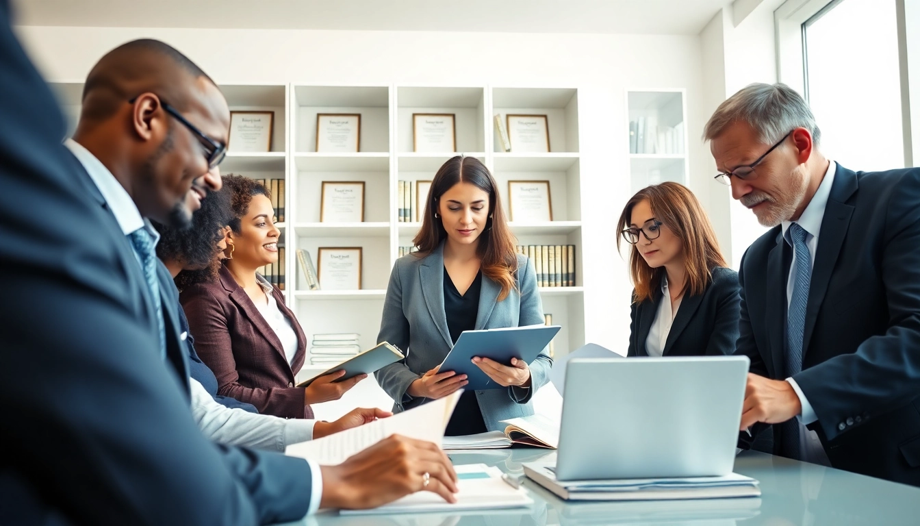 Eine Gruppe von Anwälten, die probate Proceedings in einem modernen Büro besprechen.