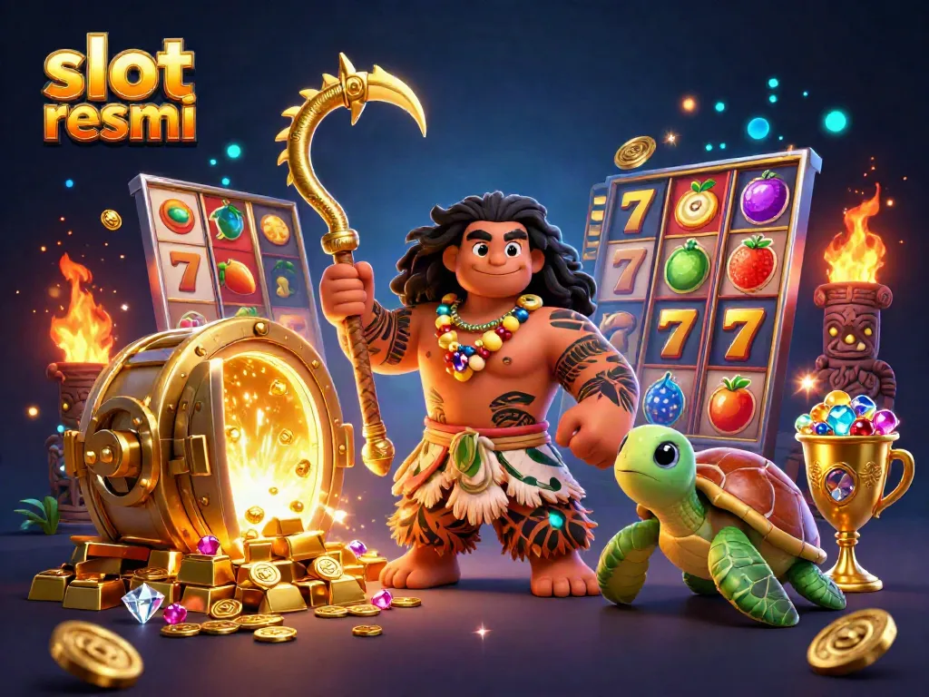 Engaging slot resmi scene showcasing a Polynesian demigod with vibrant slot symbols, gold treasures, and dramatic lighting effects.